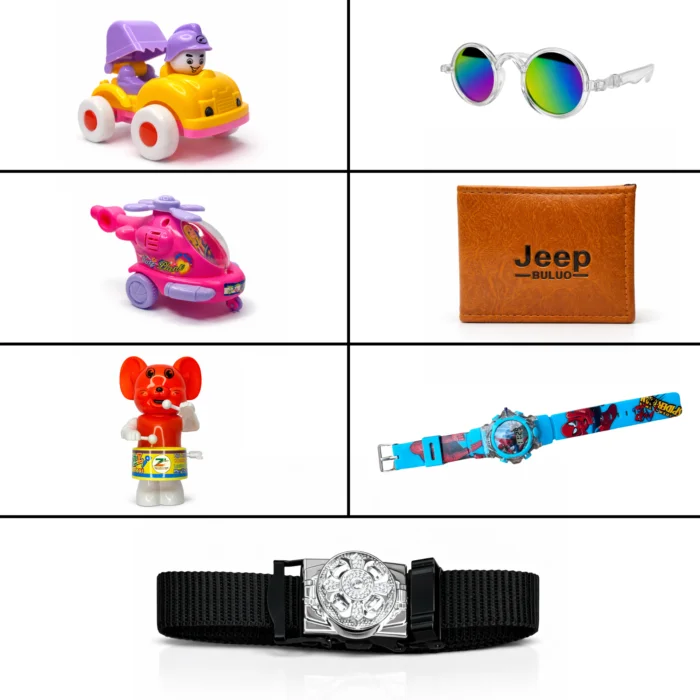 7 in 1 Baby Gifts Combo – Watch, Sunglasses, Helicopter, Drum Toy, Dump Truck, Wallet & Auto Belt