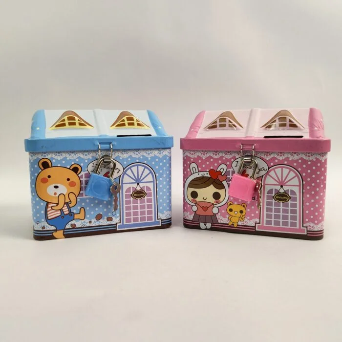 Money Saving Box with Lock Key Kids Piggy Bank Coin Storage Tin