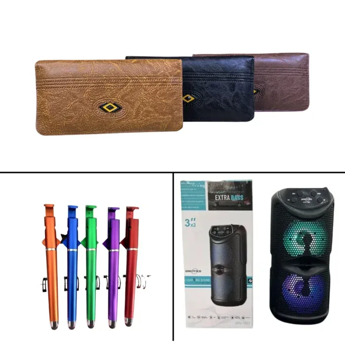 3 in 1 Combo Package – Double 3'' Speaker+Long Wallet+Touch Pen