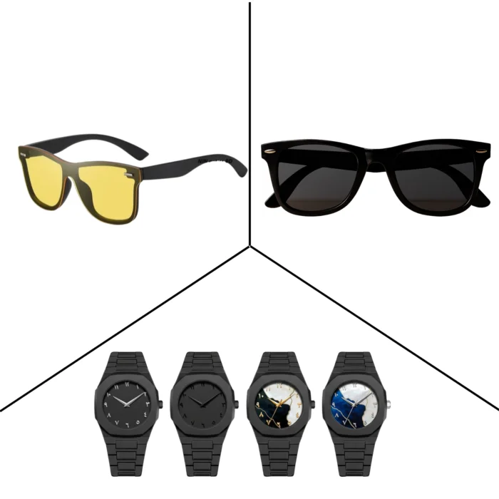 3 in 1 Combo Packge – RayBan Sunglass+Night Vision Glasses+Arabic Aura Watch